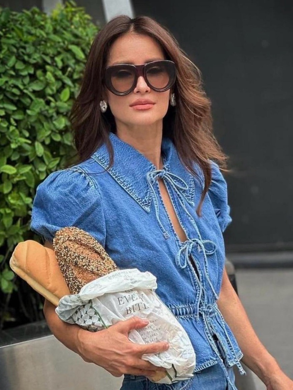 American Eagle Light Blue Denim Top with Gathered Yoke